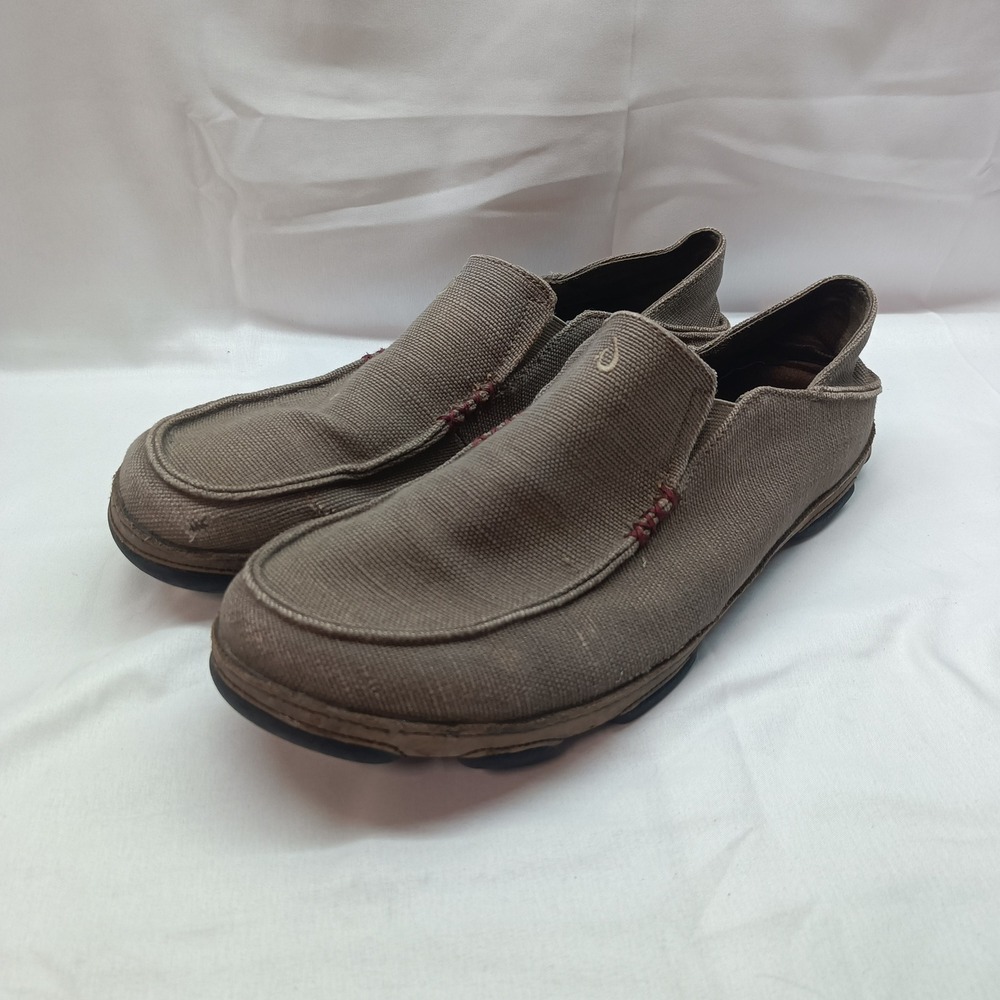 OluKai Moloa Kapa Mens 13 Brown Canvas Slip On Loafers Drop-In Heel Shoes
